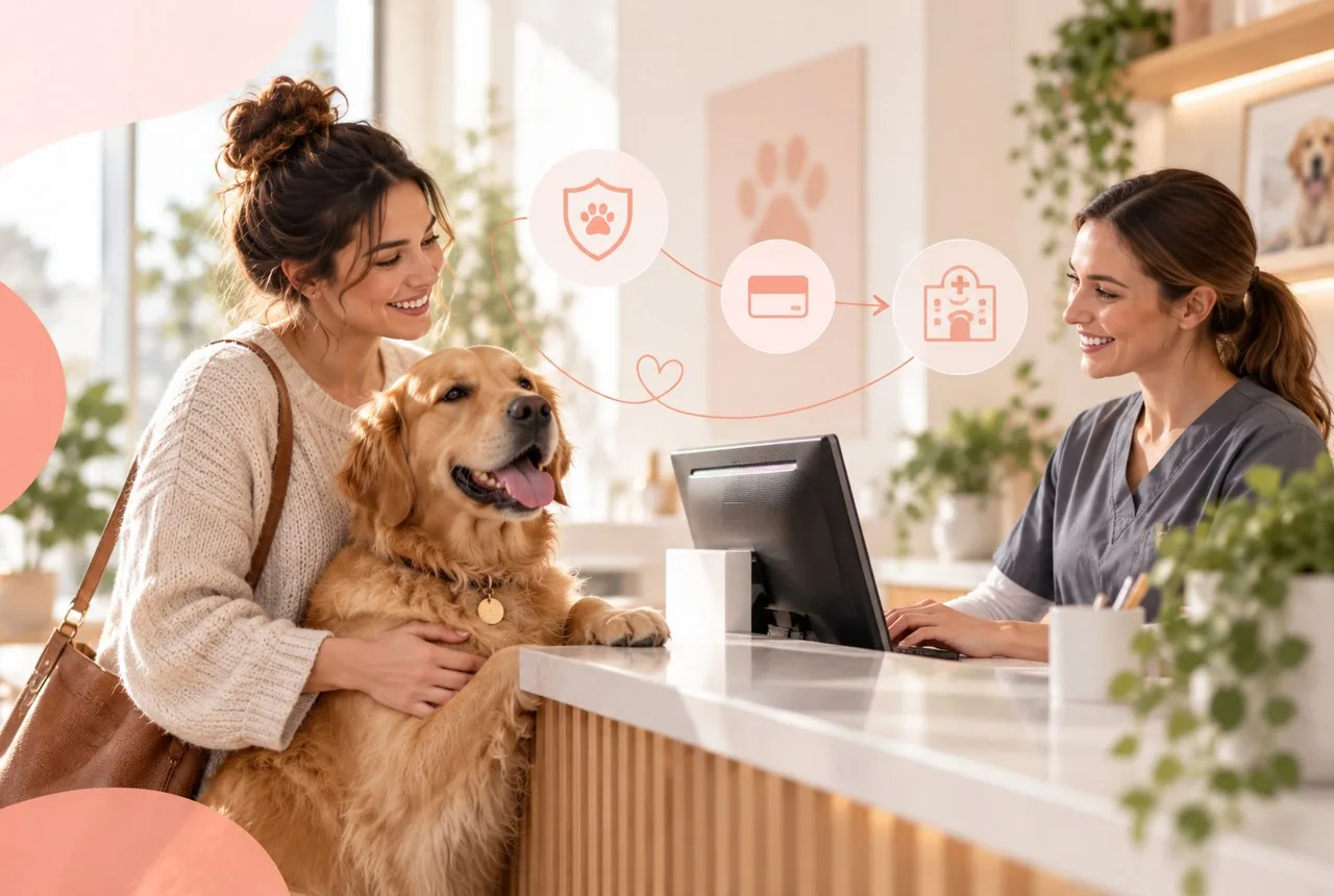 Owner with a dog at a veterinary reception counter