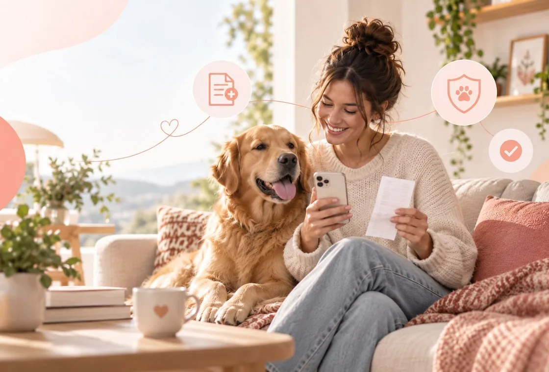 Owner holding a phone and document beside a dog on a sofa